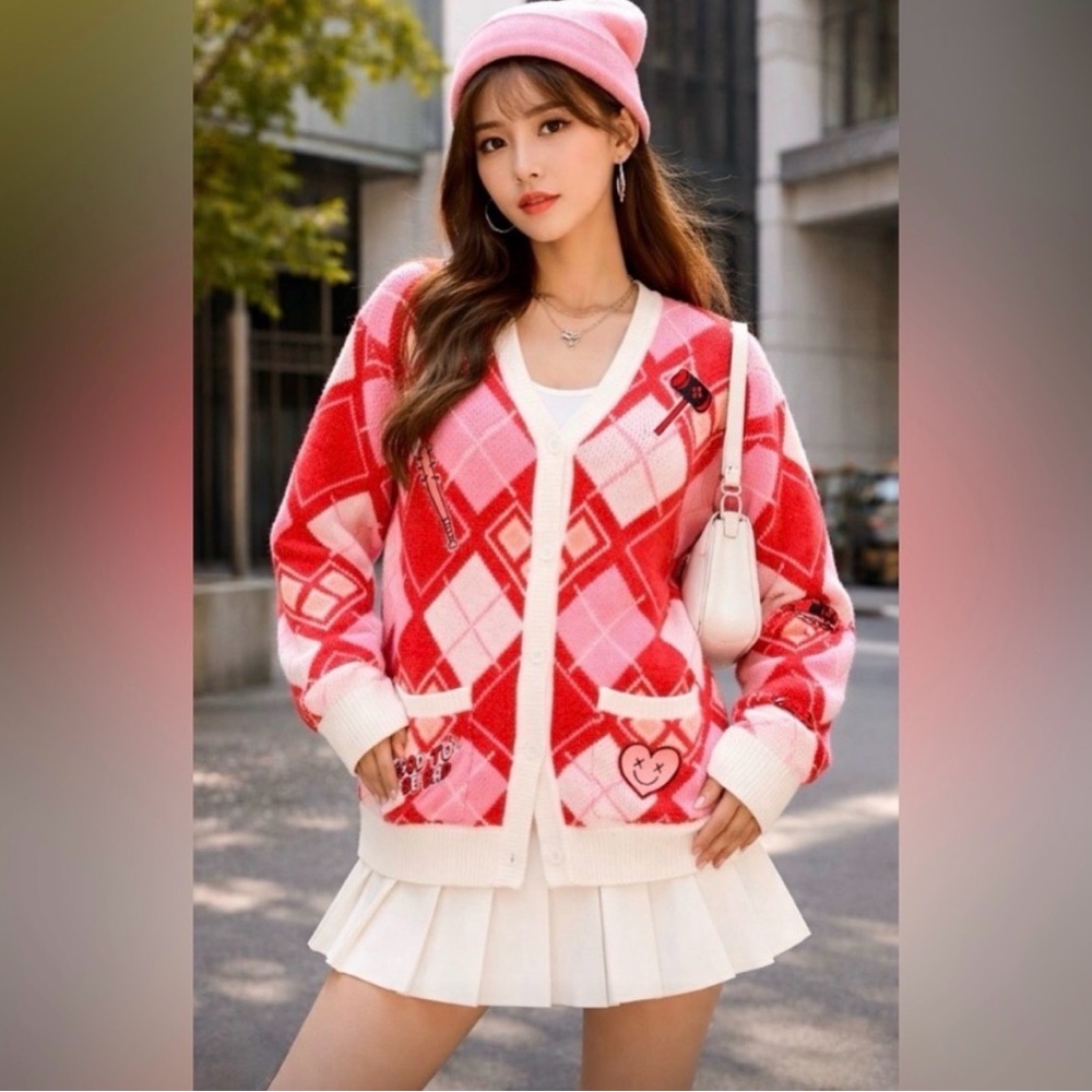 DC Comics Harley Quinn Diamond Cardigan with Patches Red/White/Pink-Small-NWT